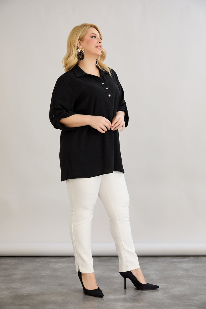 Košulja s 3/4 rukavima i gumbima - Crna