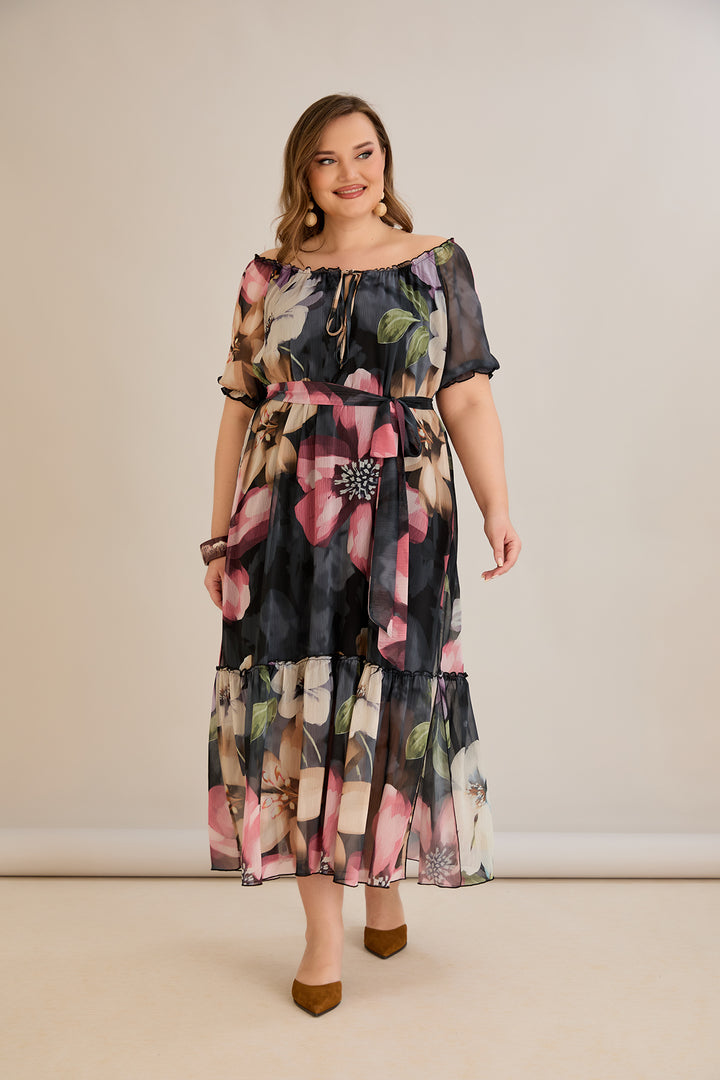 Duga šifonska haljina s volanima i Carmen izrezom