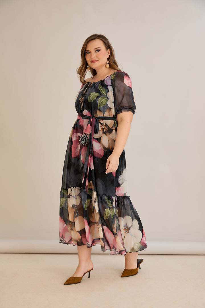 Duga šifonska haljina s volanima i Carmen izrezom