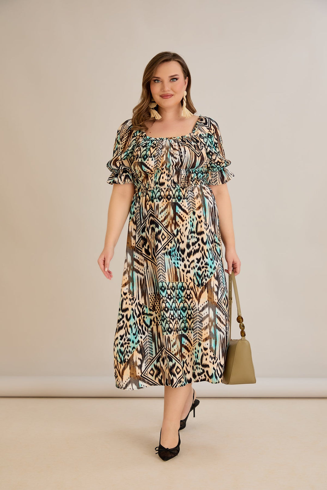 Boho haljina s kvadratnim izrezom i volan rukavima - 10130