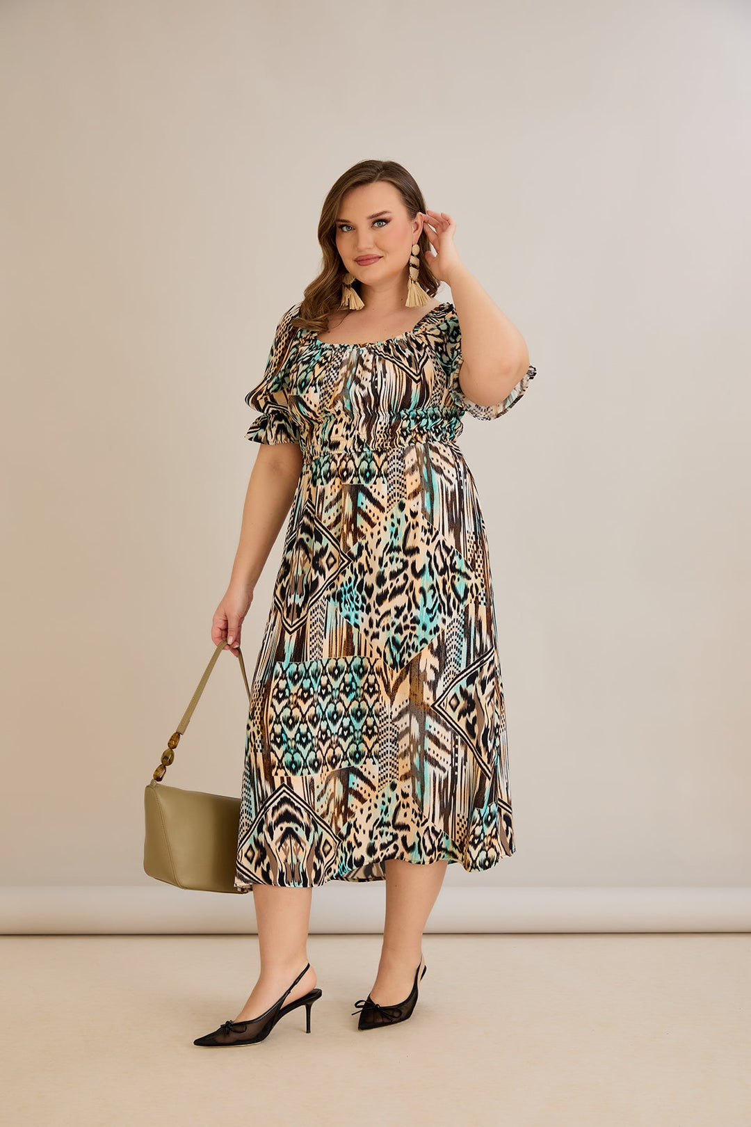 Boho haljina s kvadratnim izrezom i volan rukavima - 10130