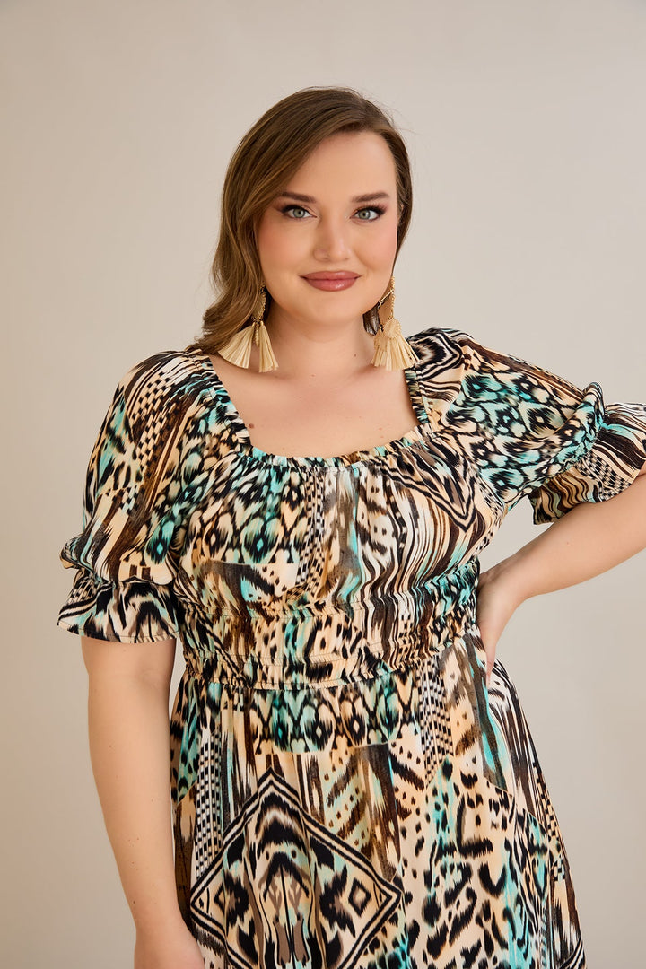 Boho haljina s kvadratnim izrezom i volan rukavima - 10130