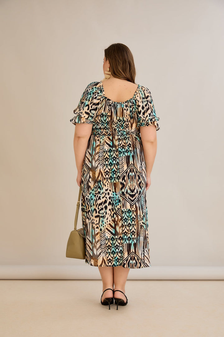 Boho haljina s kvadratnim izrezom i volan rukavima - 10130