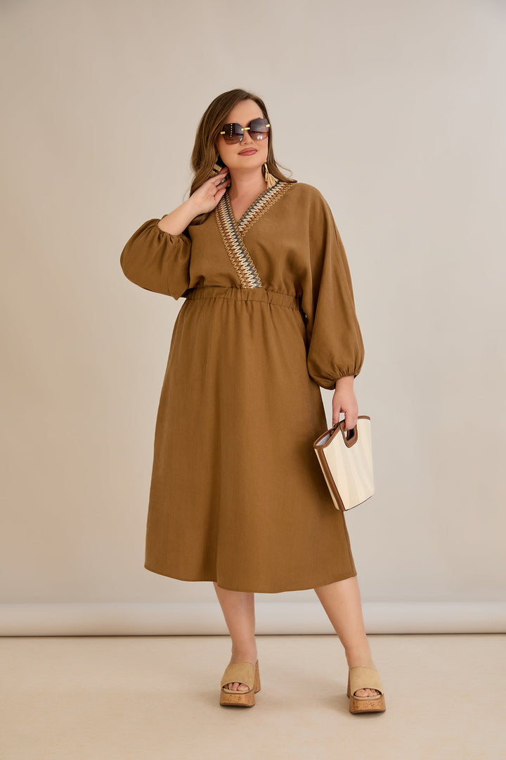 Tencel haljina s ukrasnim dekolteom i elastičnim strukom - Kave - 10964