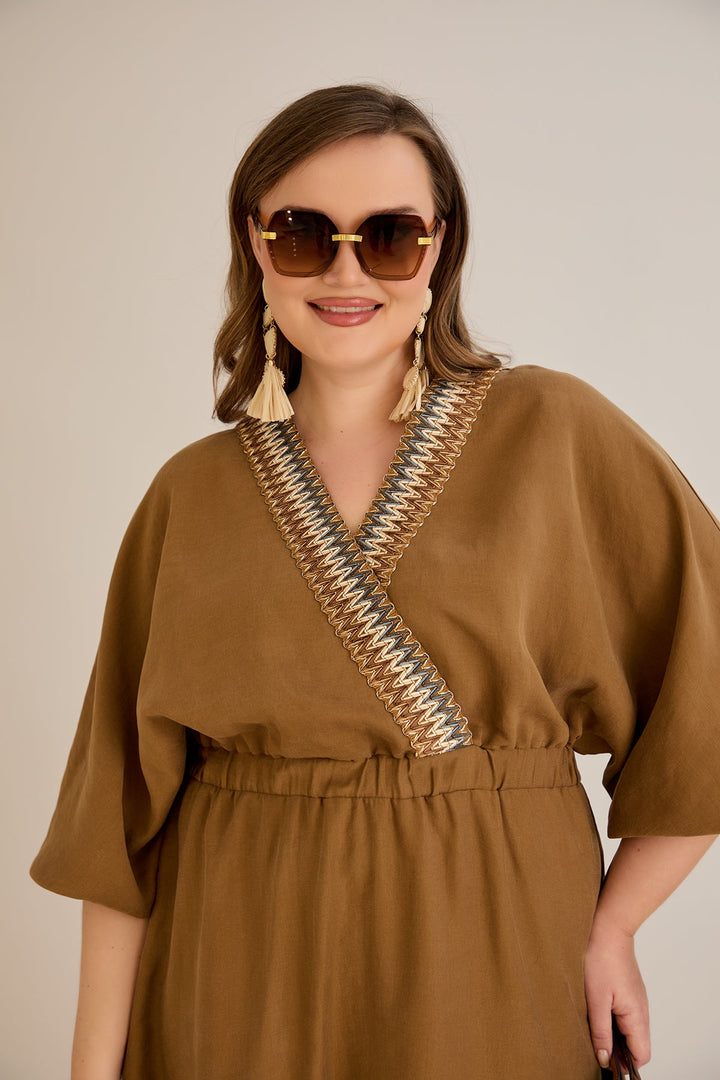 Tencel haljina s ukrasnim dekolteom i elastičnim strukom - Kave - 10964