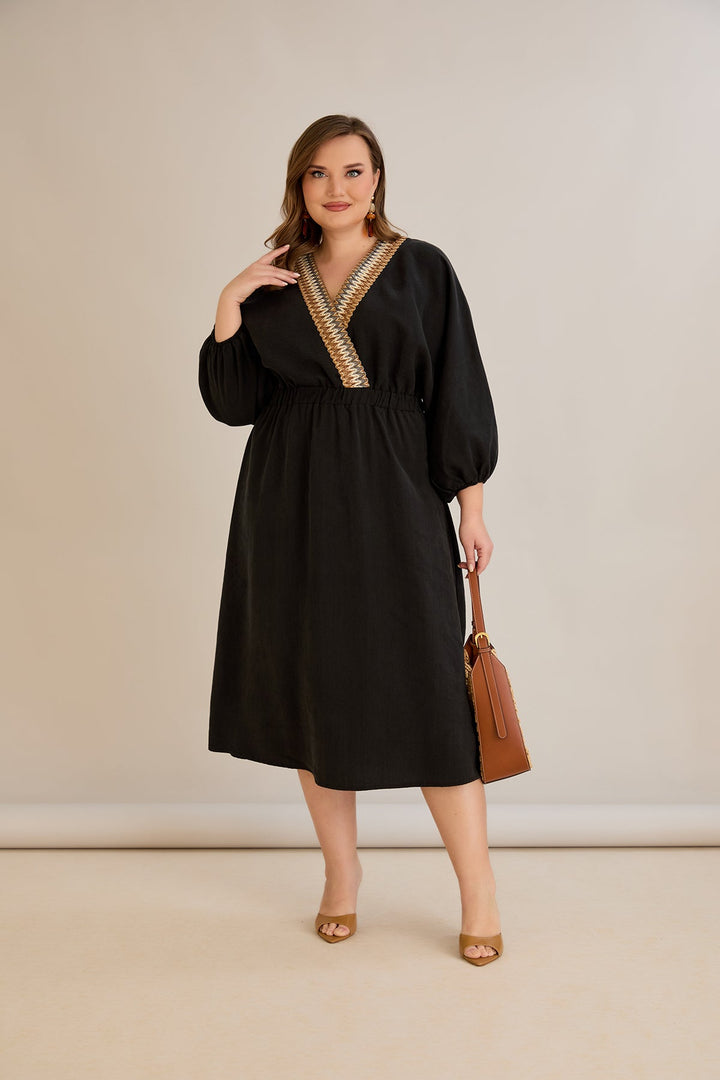 Tencel haljina s ukrasnim dekolteom i elastičnim strukom - Crna - 10964