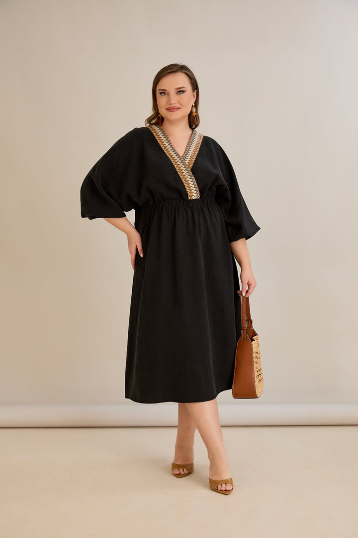 Tencel haljina s ukrasnim dekolteom i elastičnim strukom - Crna - 10964