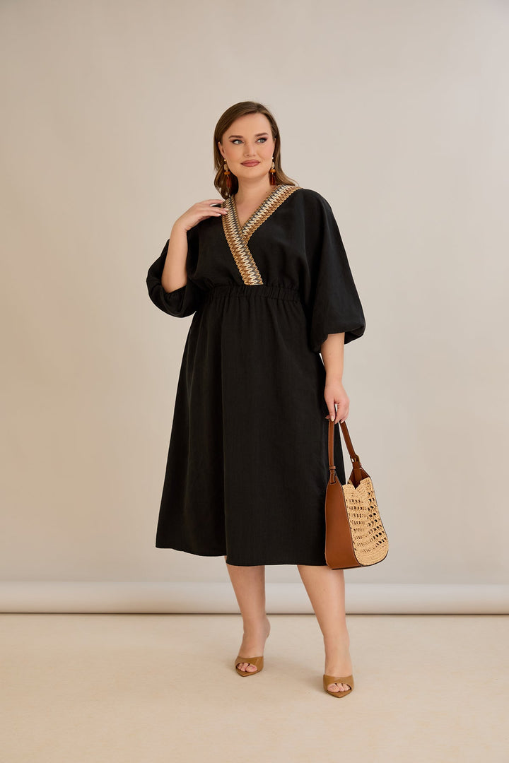 Tencel haljina s ukrasnim dekolteom i elastičnim strukom - Crna - 10964