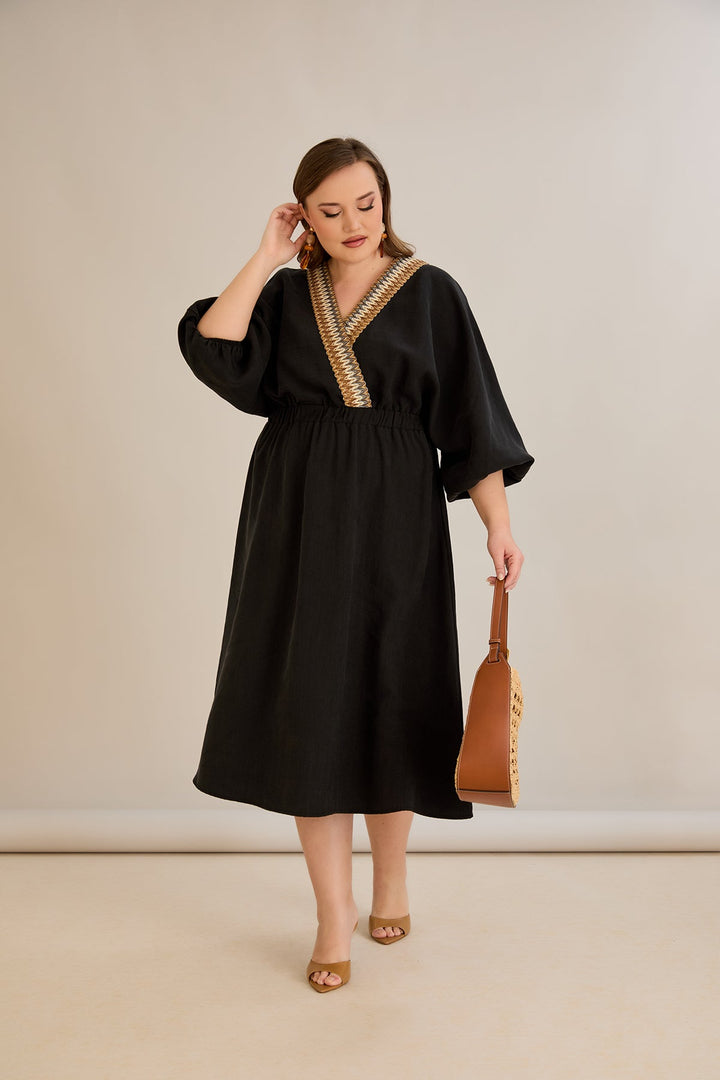 Tencel haljina s ukrasnim dekolteom i elastičnim strukom - Crna - 10964