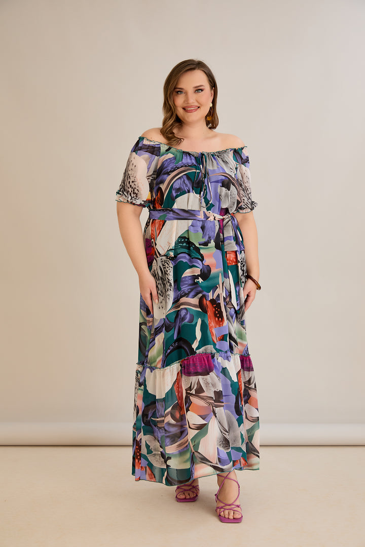 Duga šifonska haljina – Carmen izrez  - Ljubičasta