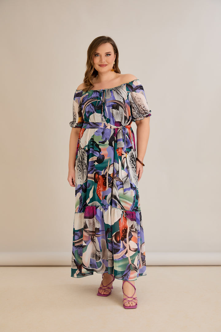 Duga šifonska haljina – Carmen izrez  - Ljubičasta