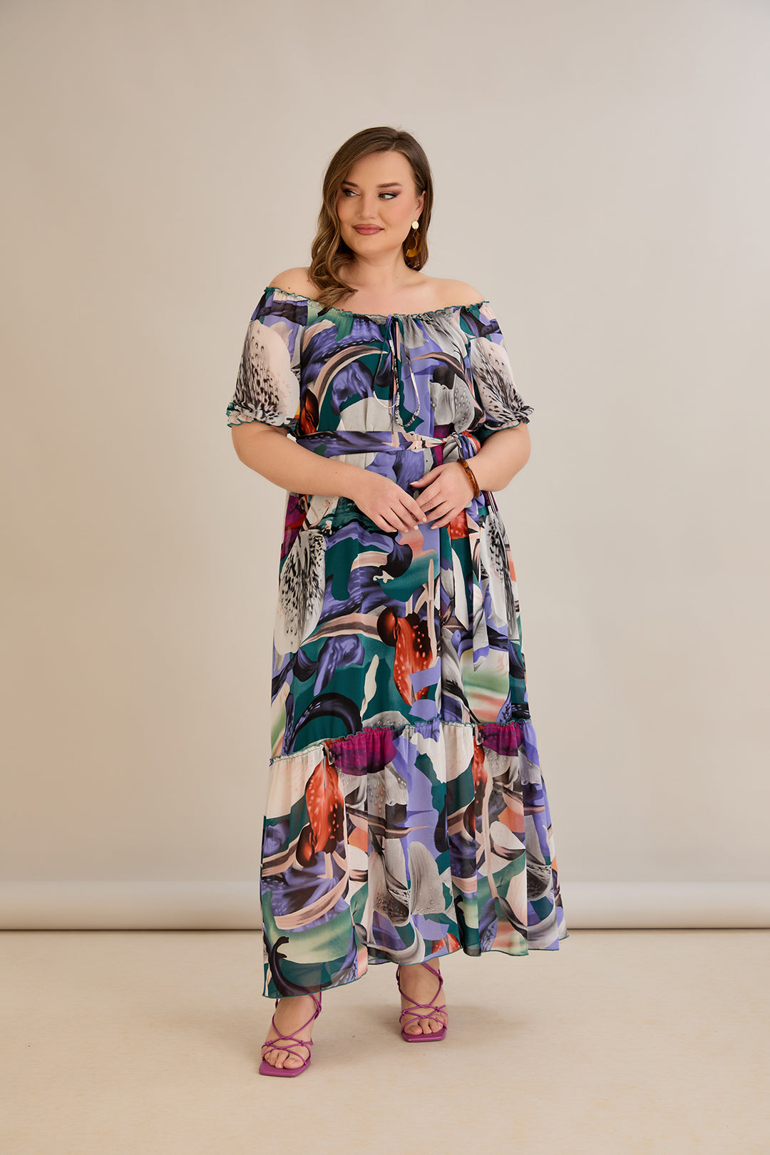 Duga šifonska haljina – Carmen izrez  - Ljubičasta