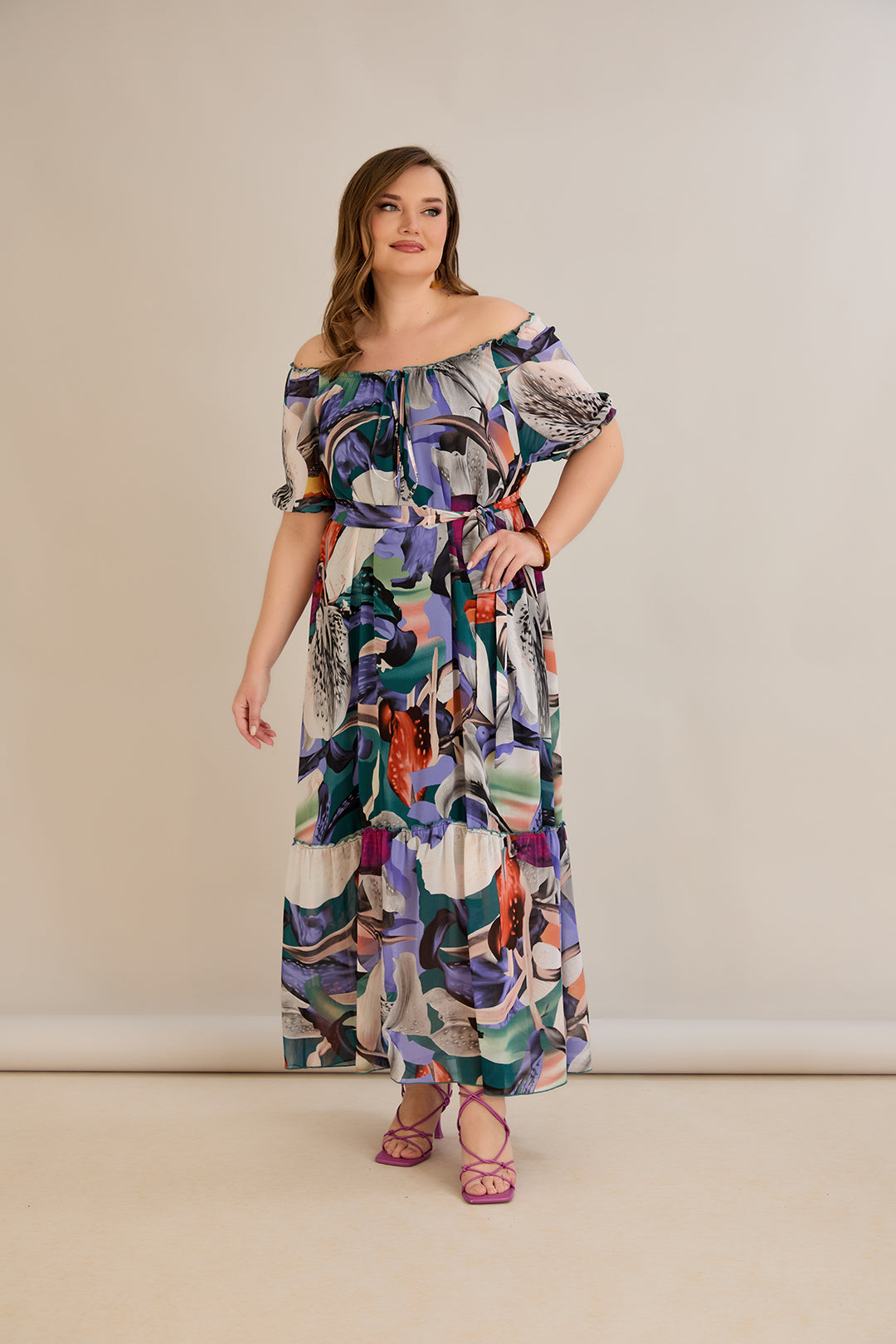 Duga šifonska haljina – Carmen izrez  - Ljubičasta