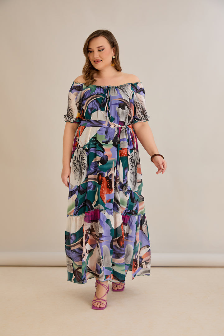 Duga šifonska haljina – Carmen izrez  - Ljubičasta