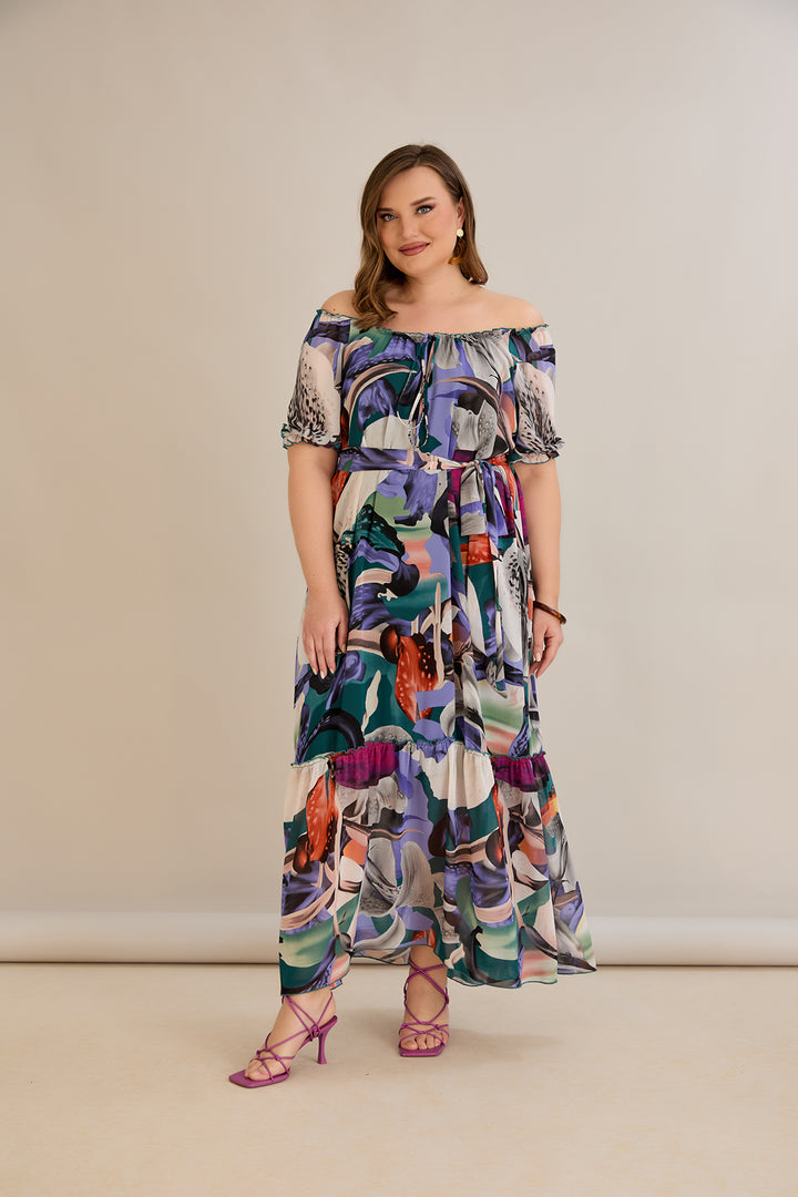 Duga šifonska haljina – Carmen izrez  - Ljubičasta