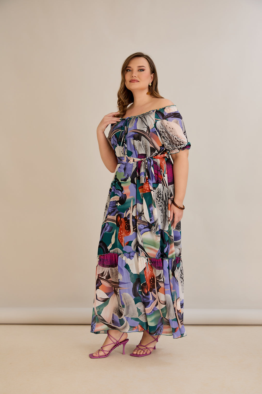 Duga šifonska haljina – Carmen izrez  - Ljubičasta