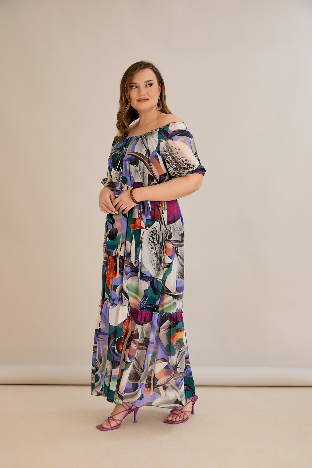 Duga šifonska haljina – Carmen izrez  - Ljubičasta