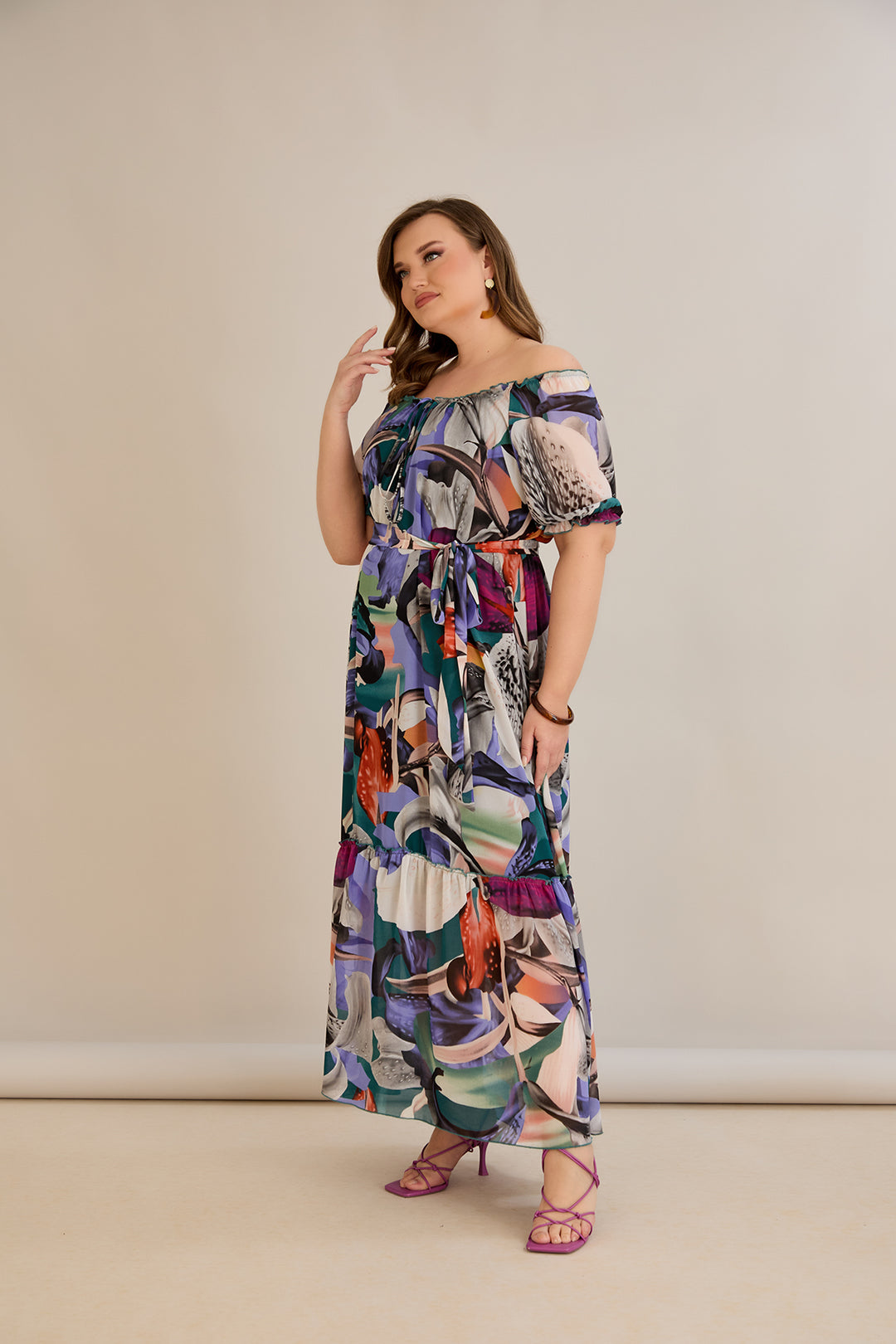 Duga šifonska haljina – Carmen izrez  - Ljubičasta