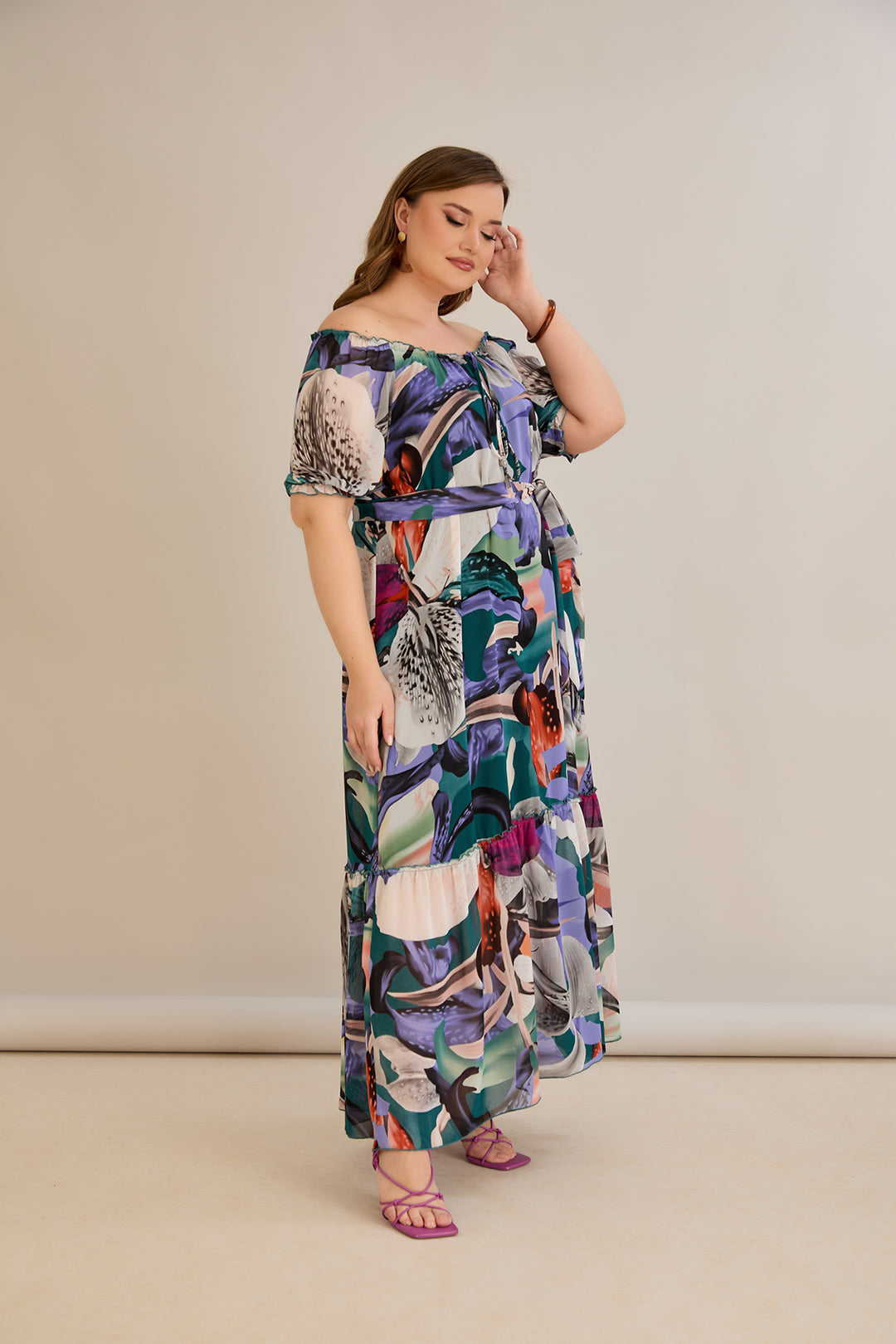 Duga šifonska haljina – Carmen izrez  - Ljubičasta