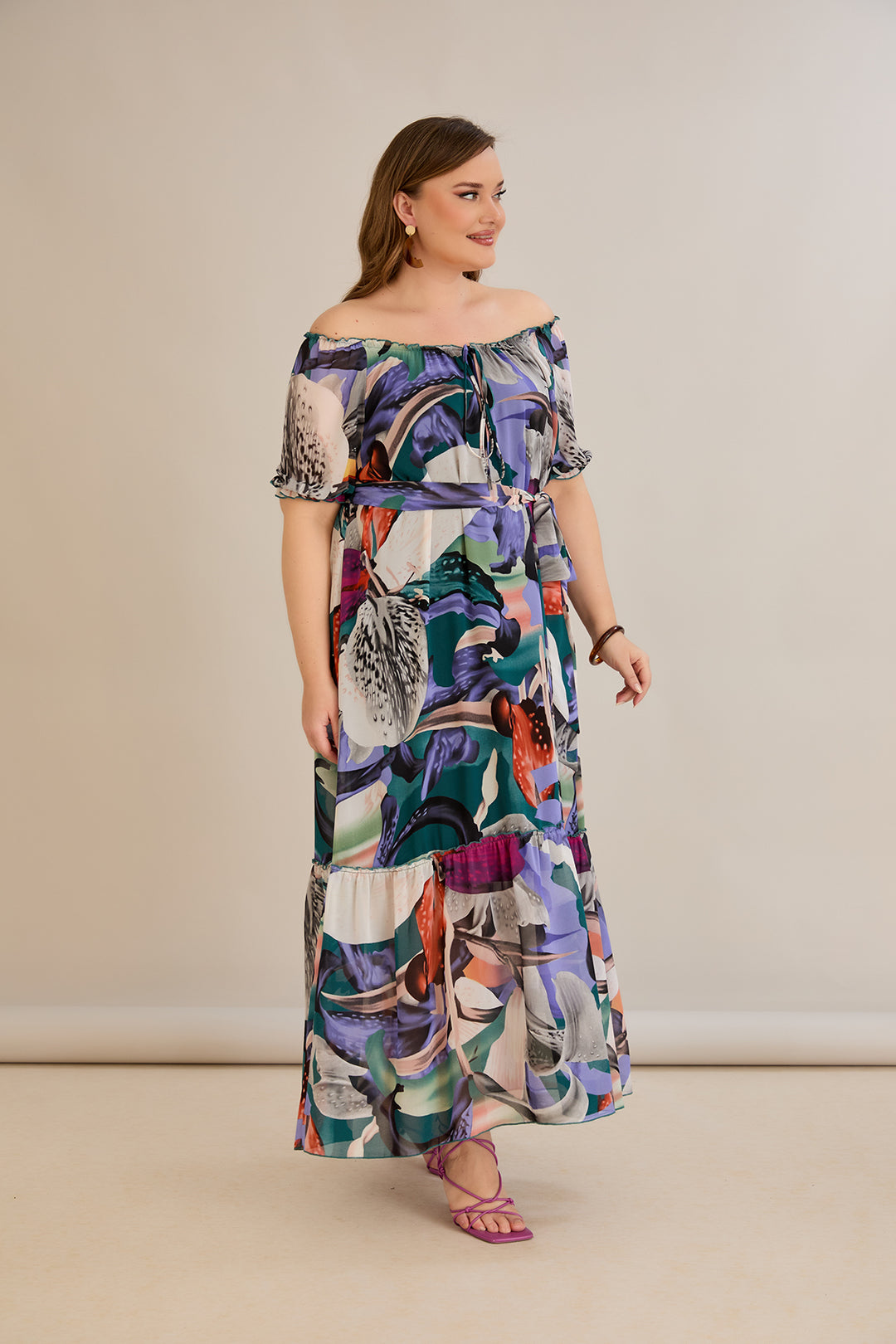 Duga šifonska haljina – Carmen izrez  - Ljubičasta