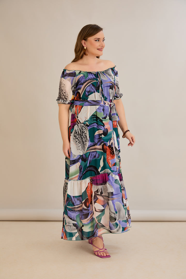 Duga šifonska haljina – Carmen izrez  - Ljubičasta