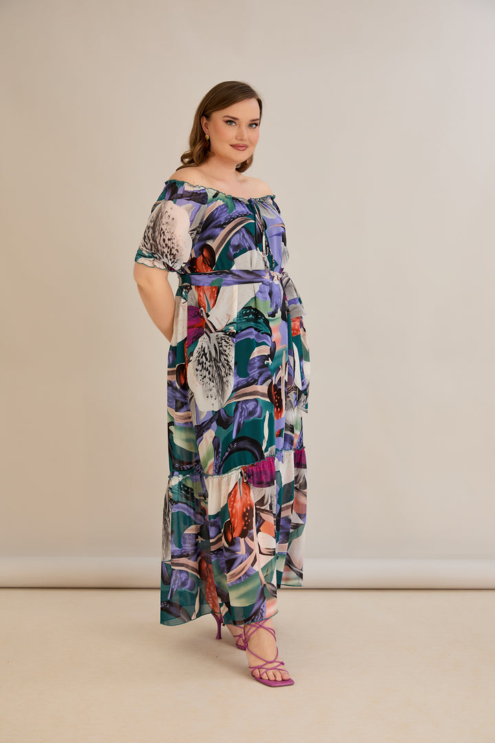 Duga šifonska haljina – Carmen izrez  - Ljubičasta