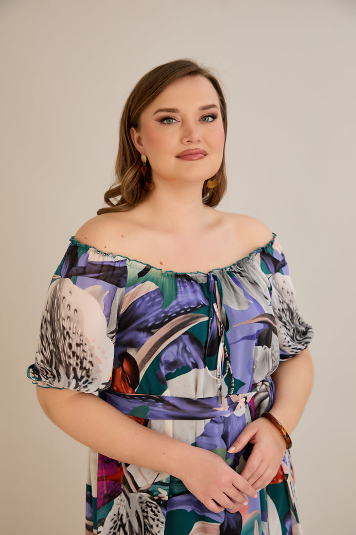 Duga šifonska haljina – Carmen izrez  - Ljubičasta