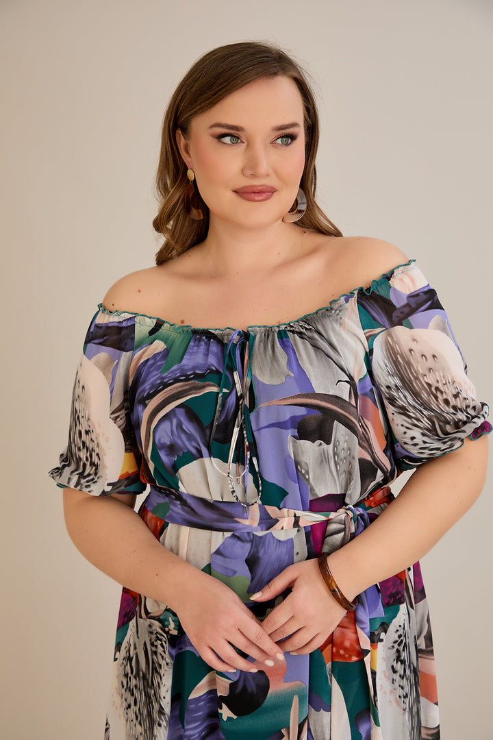 Duga šifonska haljina – Carmen izrez  - Ljubičasta