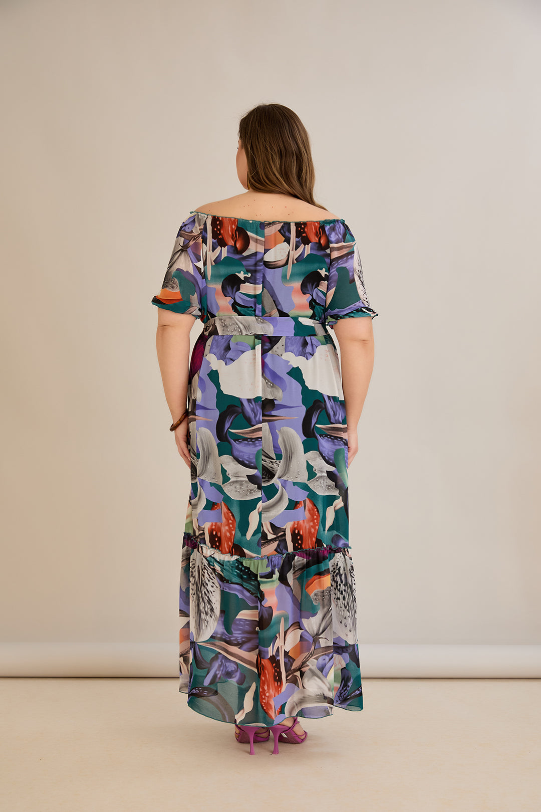 Duga šifonska haljina – Carmen izrez  - Ljubičasta