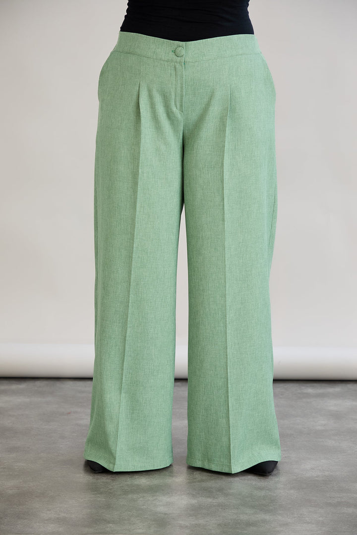 Široke hlače s elastičnim strukom od lana i pamuka - Zelena