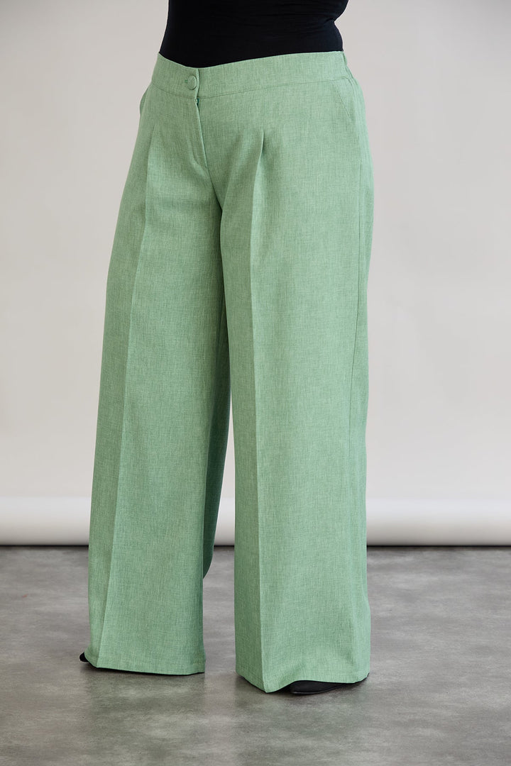 Široke hlače s elastičnim strukom od lana i pamuka - Zelena