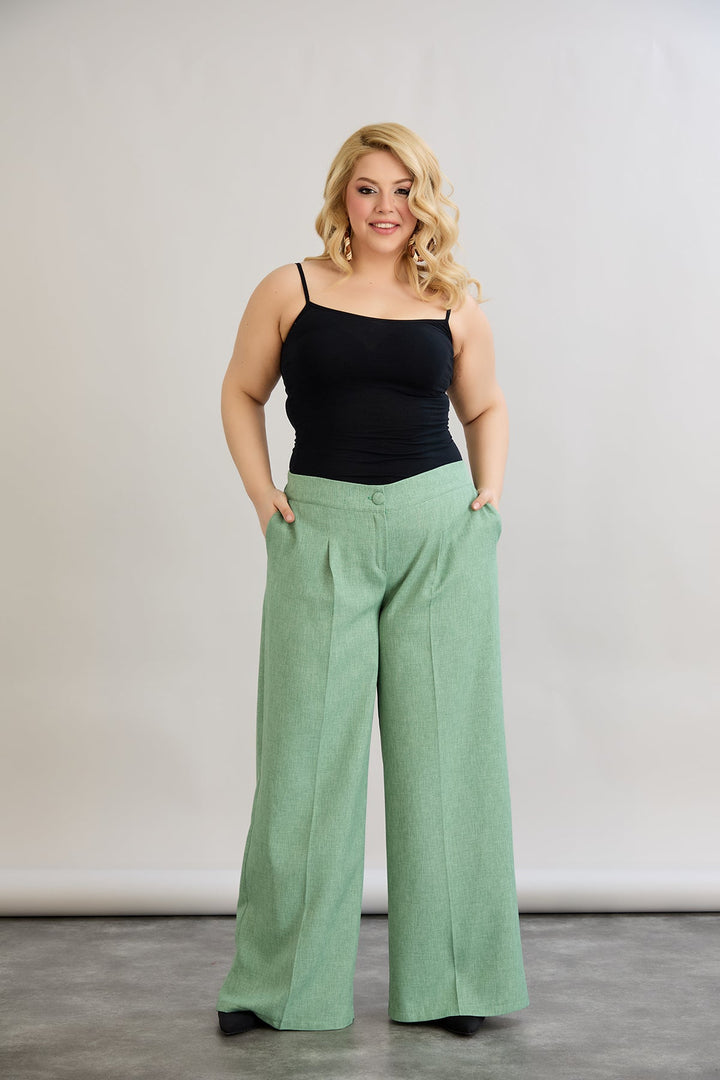 Široke hlače s elastičnim strukom od lana i pamuka - Zelena