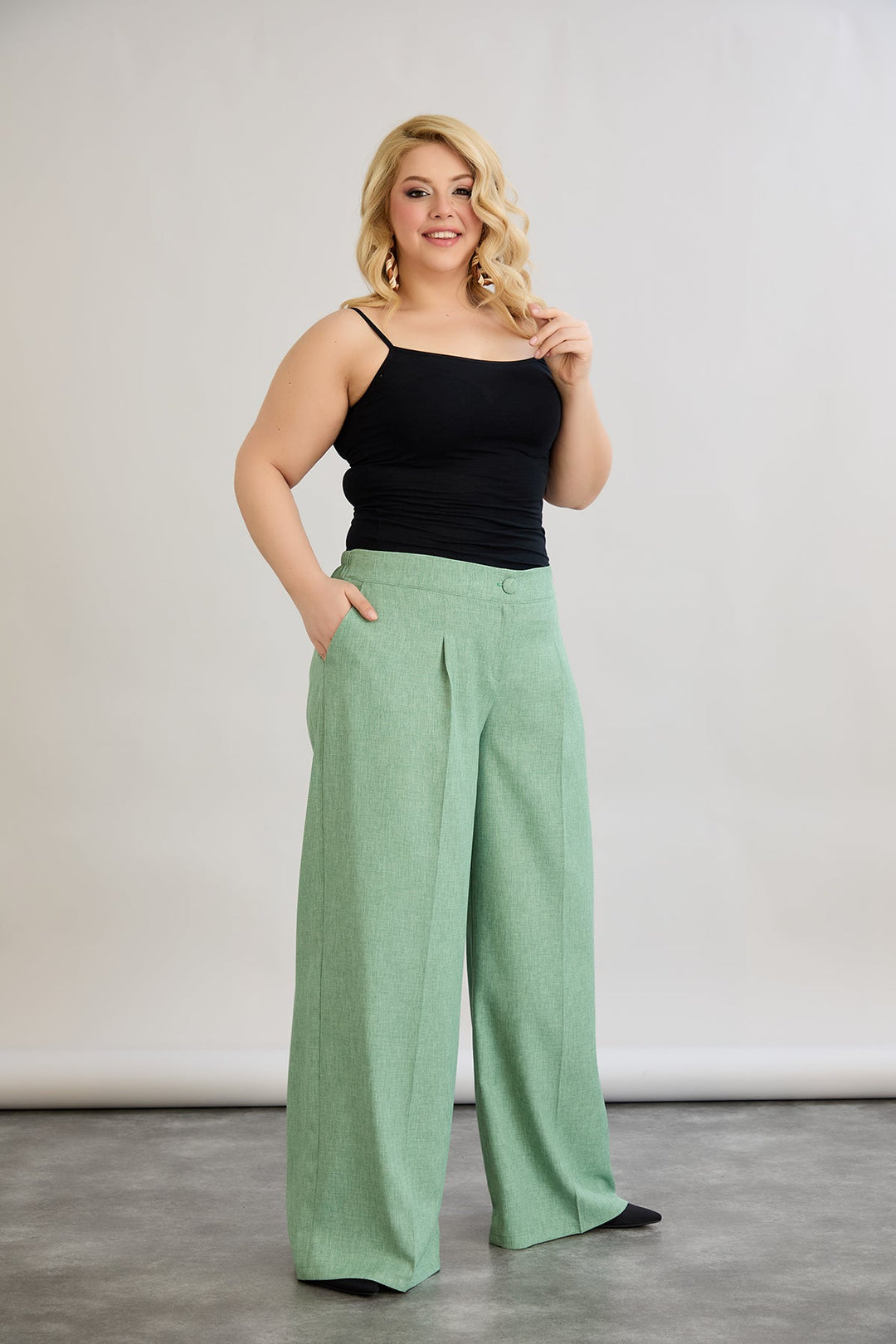 Široke hlače s elastičnim strukom od lana i pamuka - Zelena