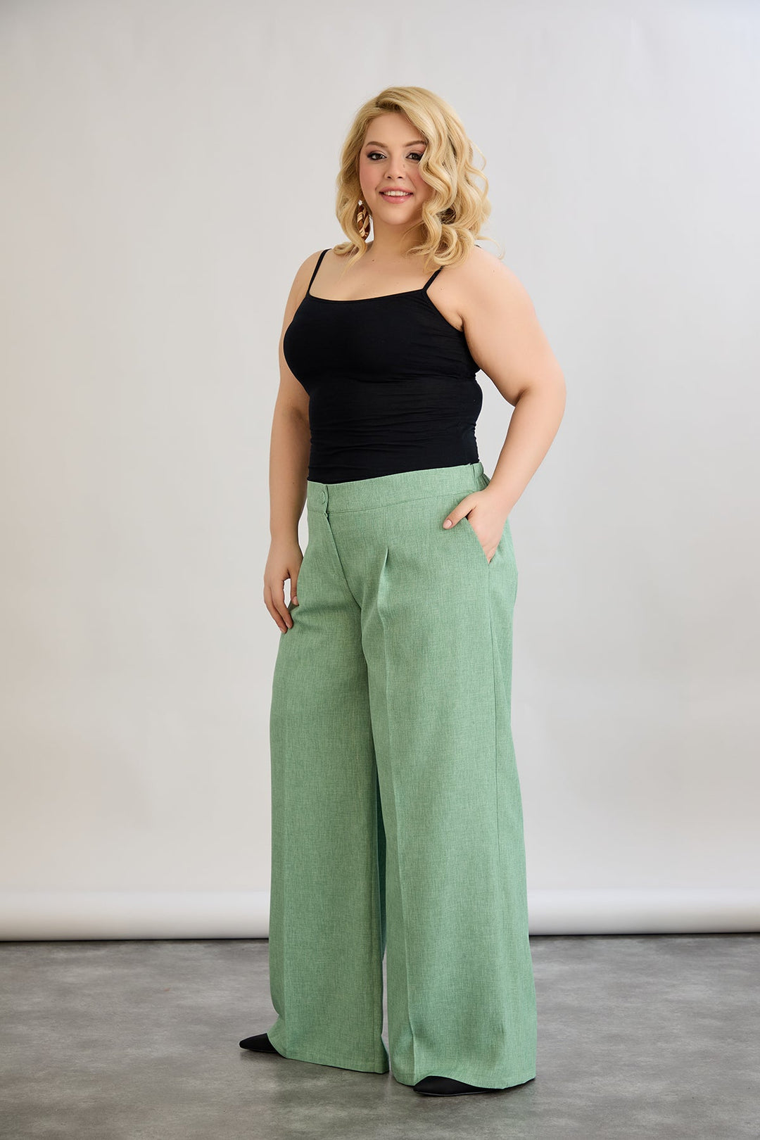 Široke hlače s elastičnim strukom od lana i pamuka - Zelena
