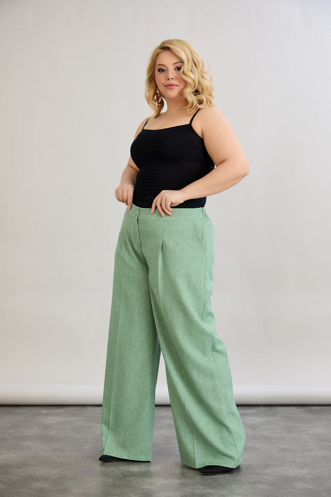 Široke hlače s elastičnim strukom od lana i pamuka - Zelena