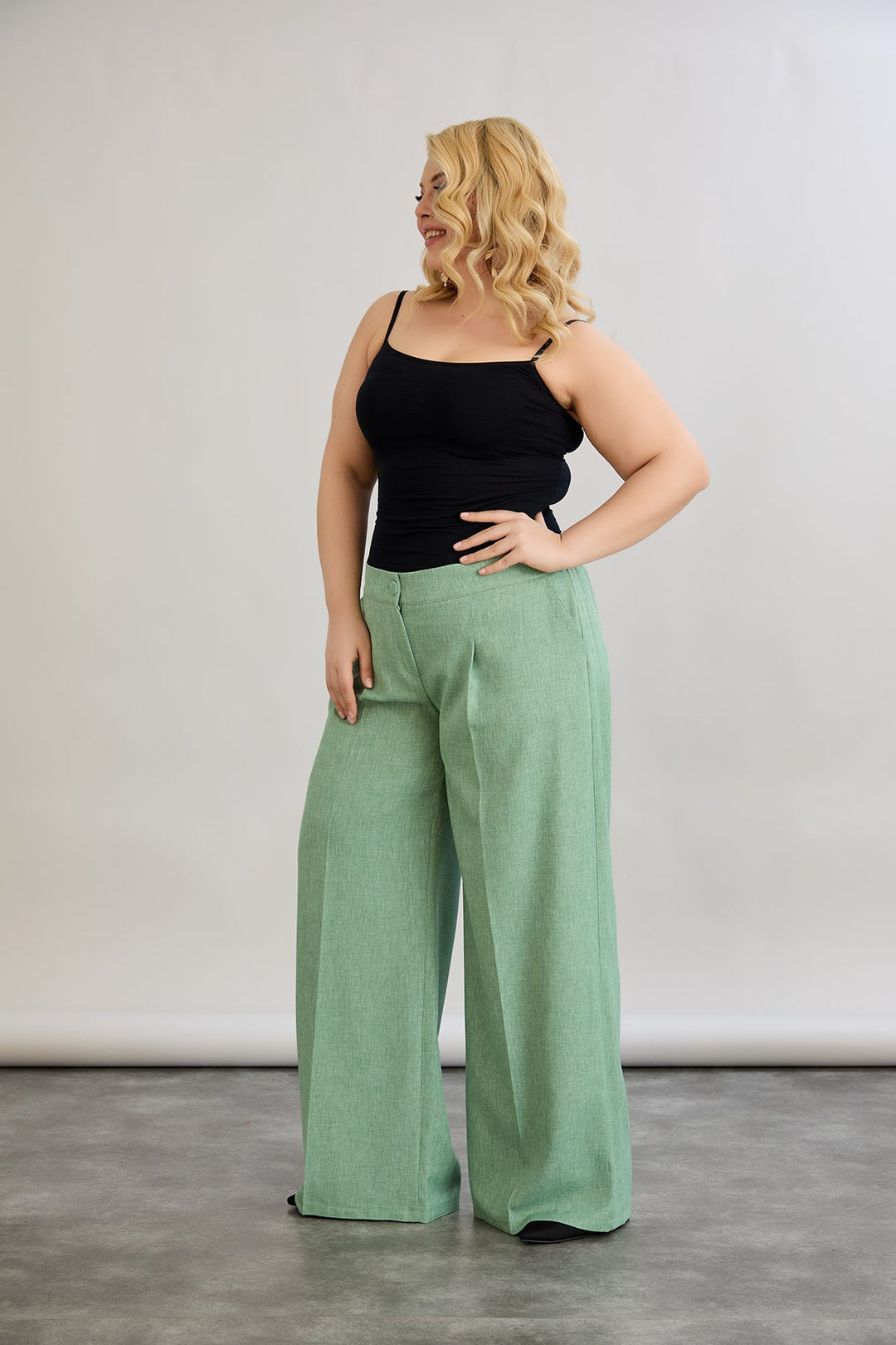 Široke hlače s elastičnim strukom od lana i pamuka - Zelena