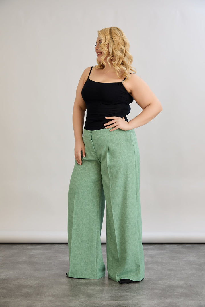 Široke hlače s elastičnim strukom od lana i pamuka - Zelena