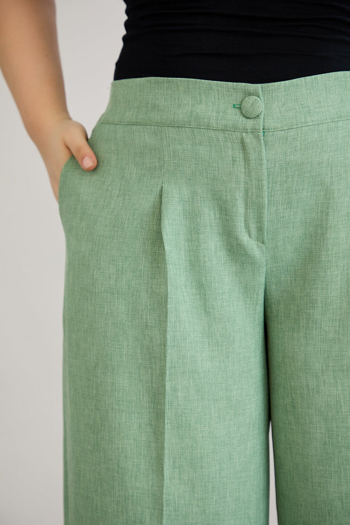 Široke hlače s elastičnim strukom od lana i pamuka - Zelena
