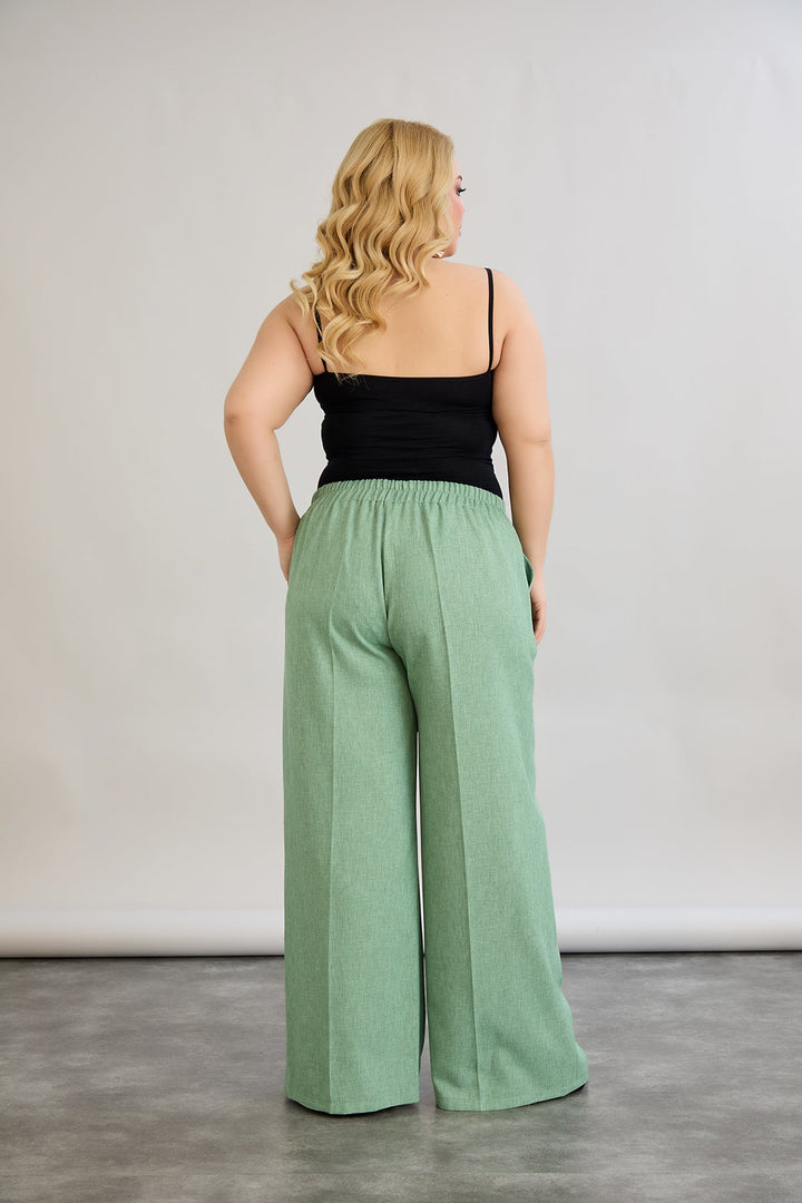 Široke hlače s elastičnim strukom od lana i pamuka - Zelena