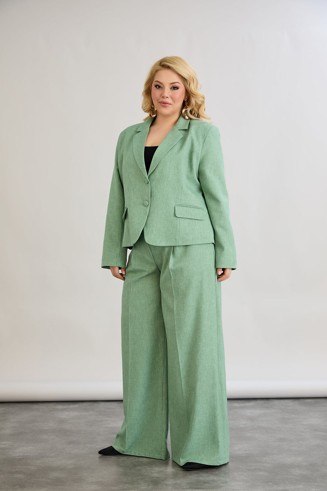 Široke hlače s elastičnim strukom od lana i pamuka - Zelena