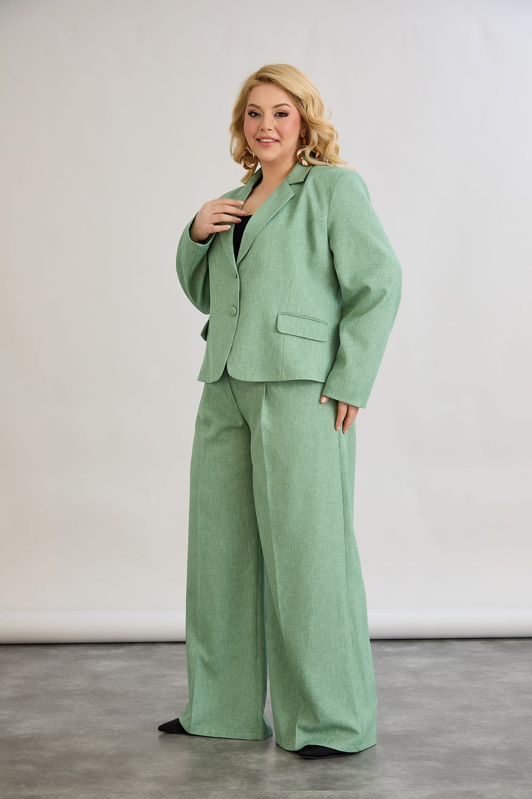 Široke hlače s elastičnim strukom od lana i pamuka - Zelena