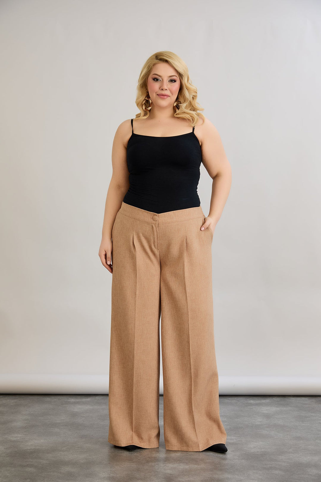 Široke hlače s elastičnim strukom, od lana i pamuka - moka mus.