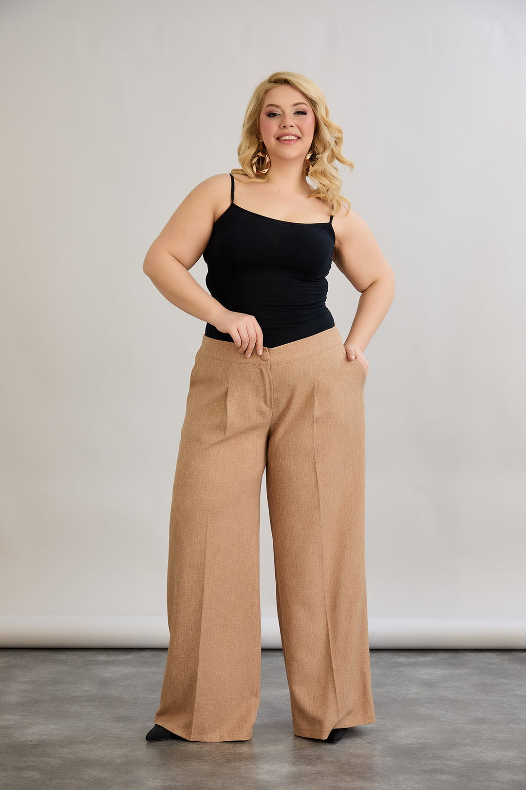 Široke hlače s elastičnim strukom, od lana i pamuka - moka mus.