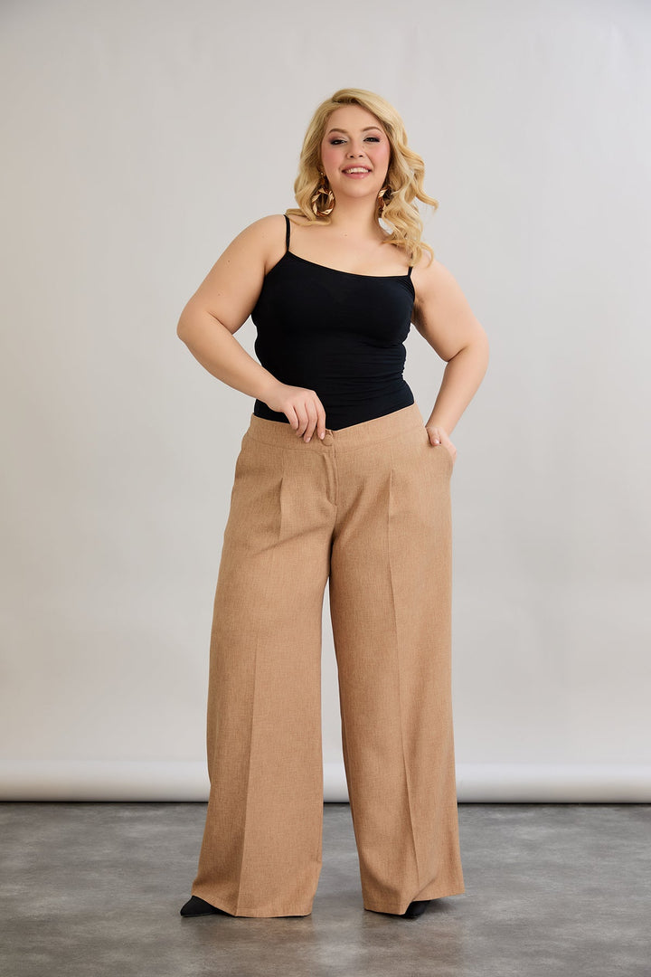Široke hlače s elastičnim strukom, od lana i pamuka - moka mus.