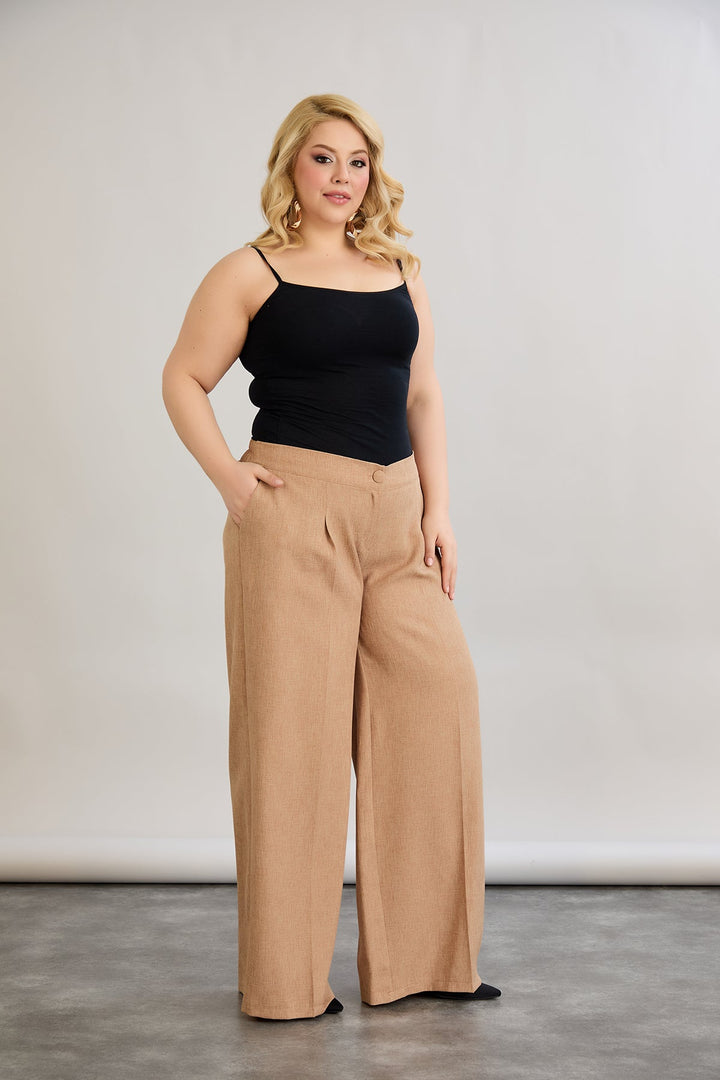 Široke hlače s elastičnim strukom, od lana i pamuka - moka mus.