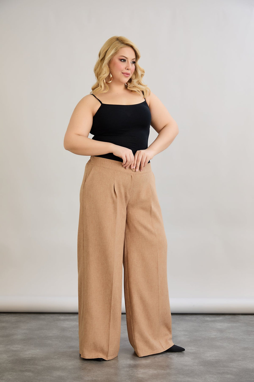 Široke hlače s elastičnim strukom, od lana i pamuka - moka mus.