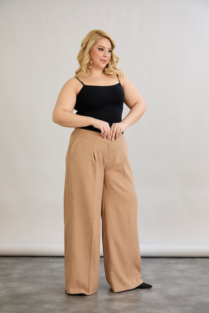 Široke hlače s elastičnim strukom, od lana i pamuka - moka mus.