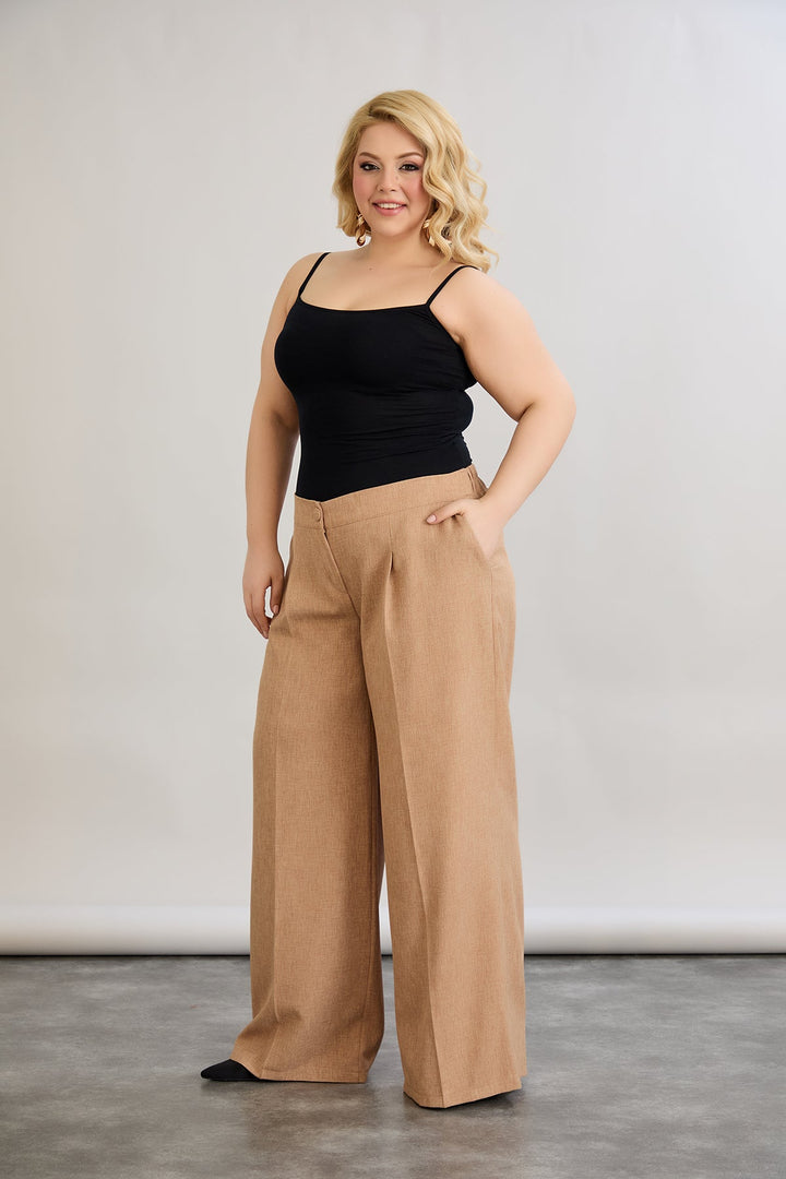 Široke hlače s elastičnim strukom, od lana i pamuka - moka mus.
