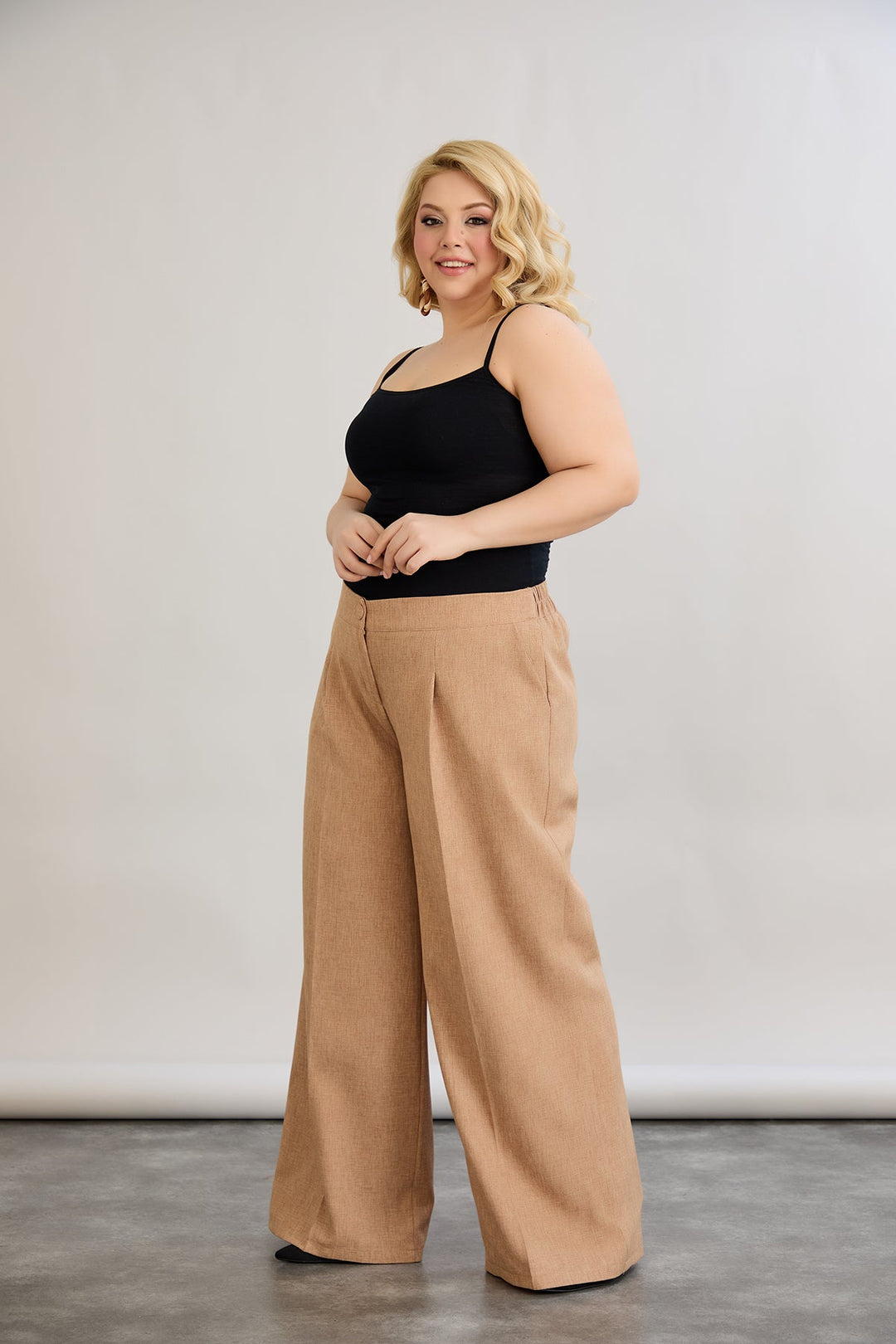 Široke hlače s elastičnim strukom, od lana i pamuka - moka mus.