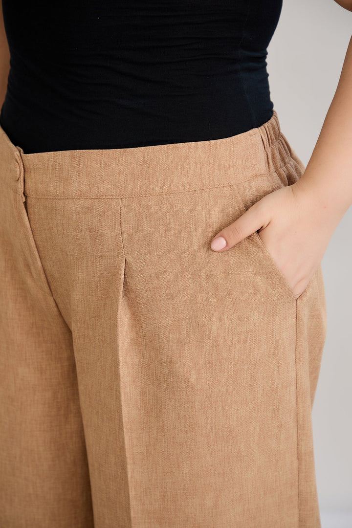 Široke hlače s elastičnim strukom, od lana i pamuka - moka mus.